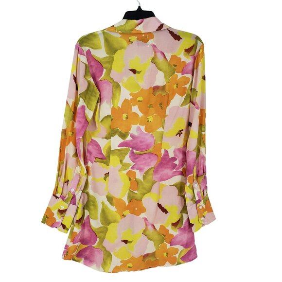 With Jean Pink Green Yellow Orange Floral Long Sleeve Button Front Collar Dress - Picture 10 of 16